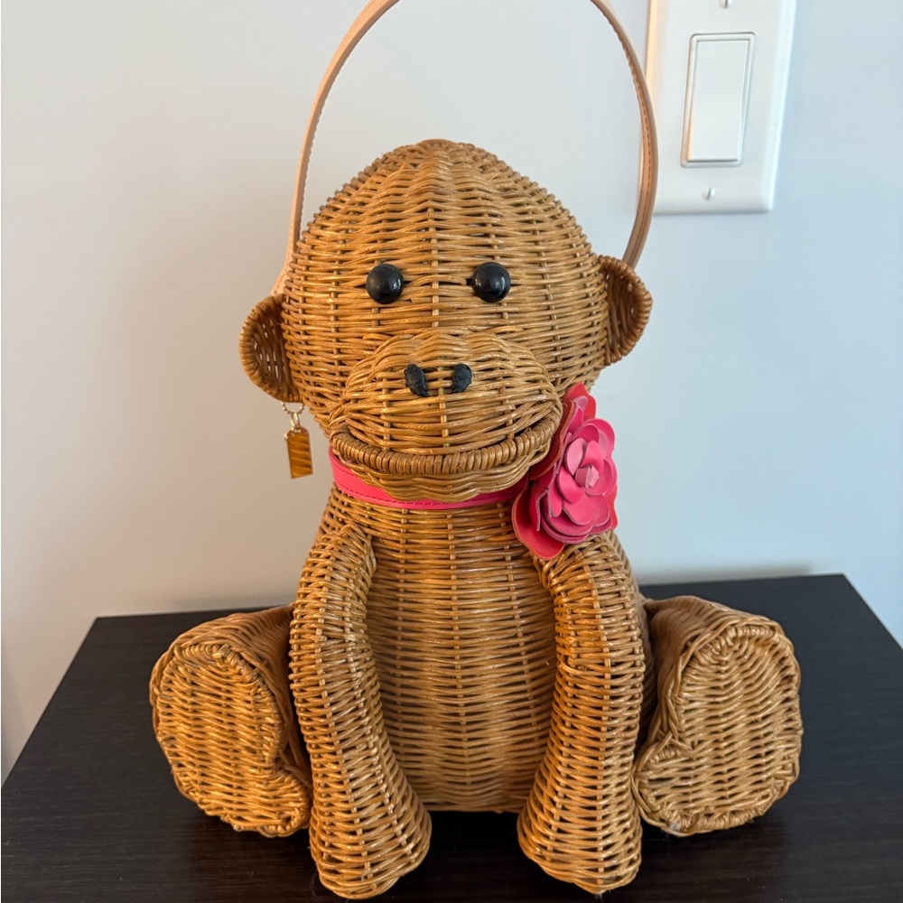Kate Spade Wicker Monkey Handbag with Pink Flower - Rare